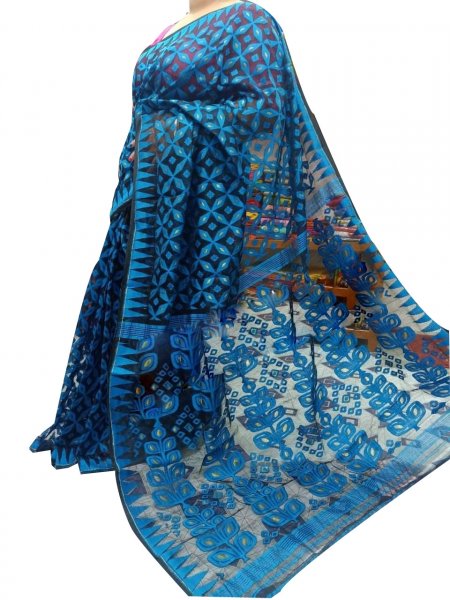 Black and blue dhakai jamdani high quality saree